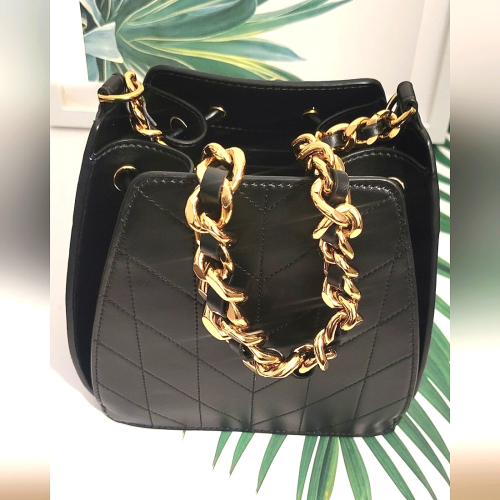 NEW Karl Lagerfeld Bucket Fatina Crossbody Shoulder Bag Black Gold - Picture 7 of 10